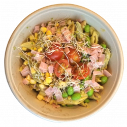 Guacamole- og pastasalat m/strimlet skinke