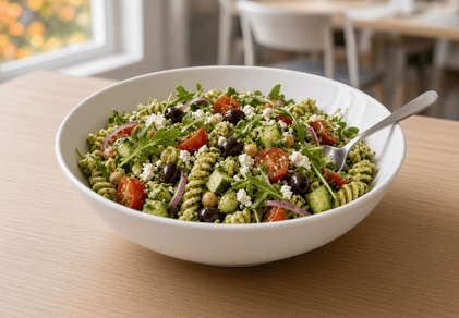 Pastasalat på jobben: enkel oppskrift med pesto og feta til 12 personer